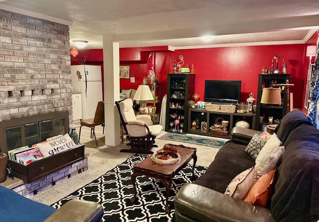 living room featuring carpet flooring, a brick fireplace, and ornamental molding