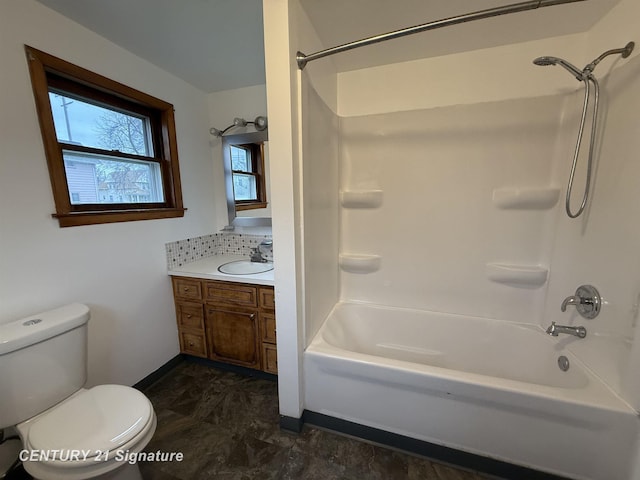 full bathroom with vanity, shower / bathtub combination, and toilet