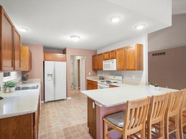 kitchen featuring a kitchen bar, white appliances, kitchen peninsula, and sink