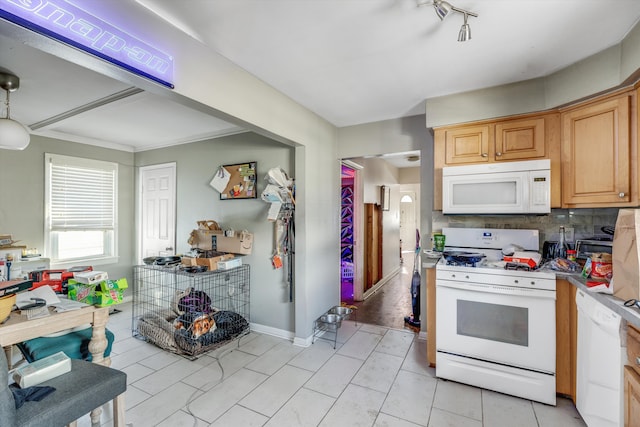 kitchen featuring light brown cabinetry, backsplash, ornamental molding, white appliances, and light tile patterned flooring