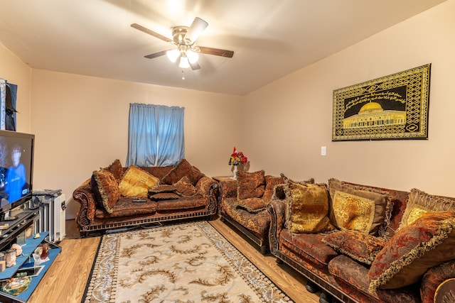 living room with hardwood / wood-style flooring and ceiling fan