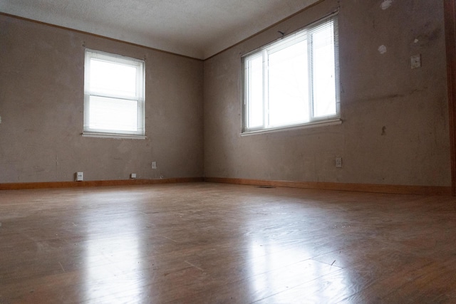 spare room with a textured ceiling, hardwood / wood-style flooring, and plenty of natural light