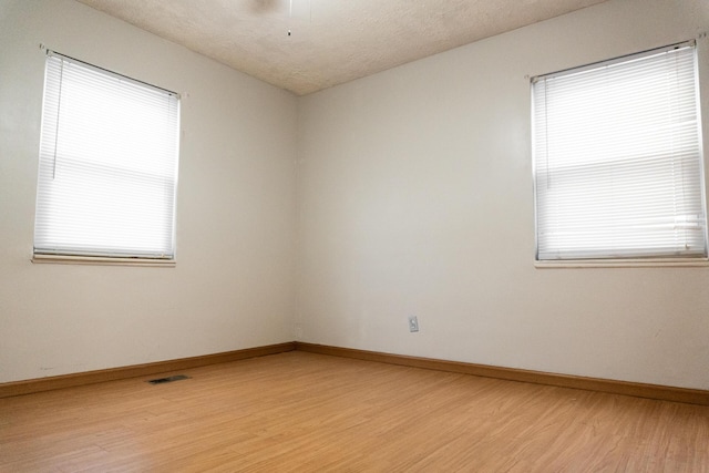 empty room with a textured ceiling, light hardwood / wood-style floors, and plenty of natural light