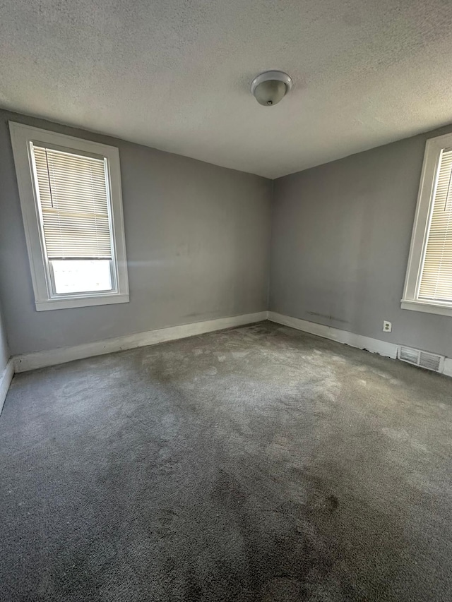 spare room featuring carpet flooring and a textured ceiling