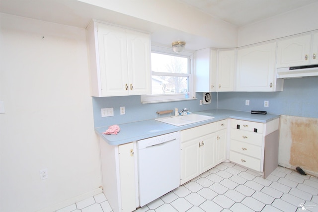 kitchen with white cabinets, sink, and white dishwasher