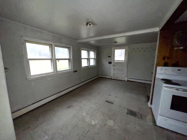 kitchen with baseboard heating, white electric range oven, and ornamental molding