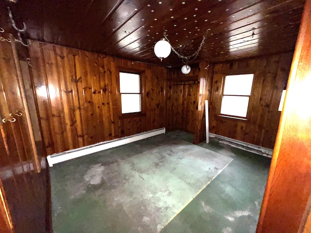 spare room with wooden ceiling, concrete floors, a baseboard radiator, and wooden walls