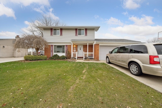 front facade with a porch, a garage, and a front yard