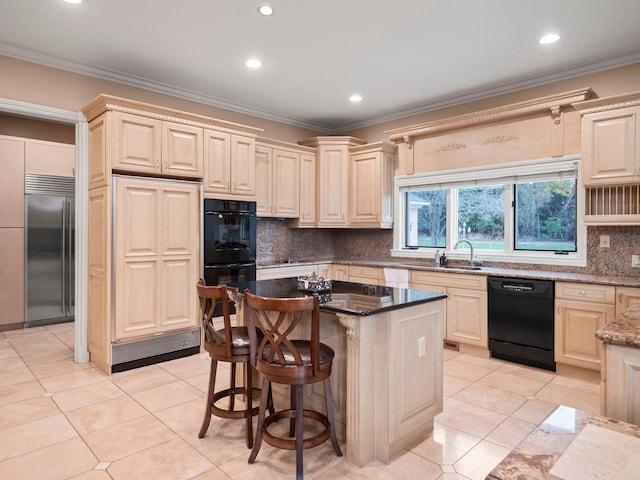 kitchen with a center island, tasteful backsplash, crown molding, dark stone counters, and black appliances