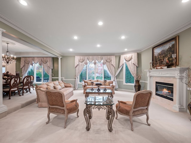 living room featuring a wealth of natural light, light carpet, and crown molding