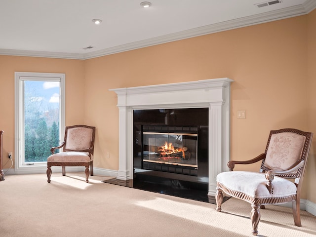 living area with carpet flooring and crown molding