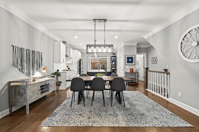 dining space with ornamental molding and dark wood-type flooring