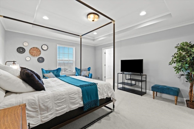 bedroom featuring a raised ceiling, crown molding, and light colored carpet