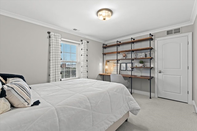 bedroom featuring crown molding and light carpet