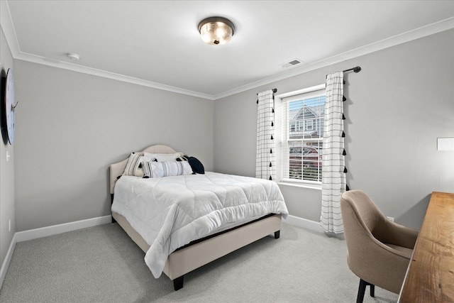 bedroom featuring light colored carpet and crown molding