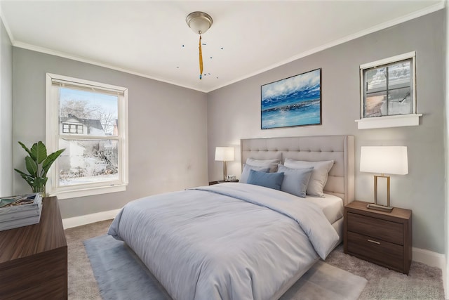 carpeted bedroom featuring ornamental molding