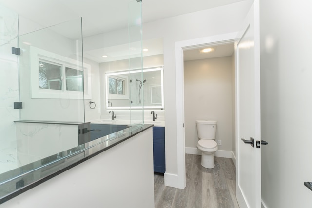 bathroom with walk in shower, vanity, wood-type flooring, and toilet