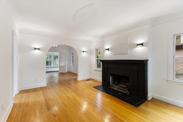 unfurnished living room featuring wood-type flooring and a wealth of natural light