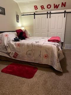 carpeted bedroom with a barn door