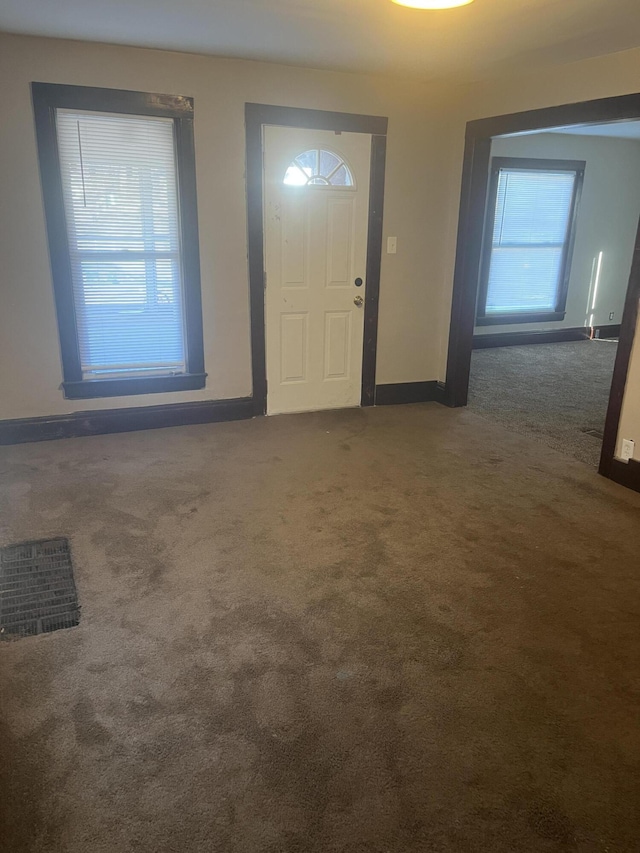 entrance foyer with carpet, a healthy amount of sunlight, and baseboards