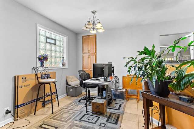 home office featuring a notable chandelier and light tile patterned flooring