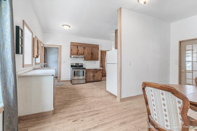 kitchen with sink, light hardwood / wood-style flooring, stainless steel range with electric cooktop, and white refrigerator