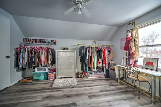 walk in closet featuring ceiling fan, wood-type flooring, and vaulted ceiling