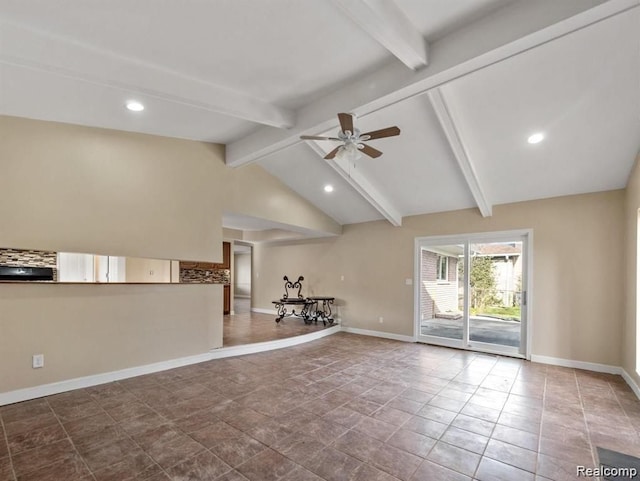 unfurnished living room featuring vaulted ceiling with beams and ceiling fan