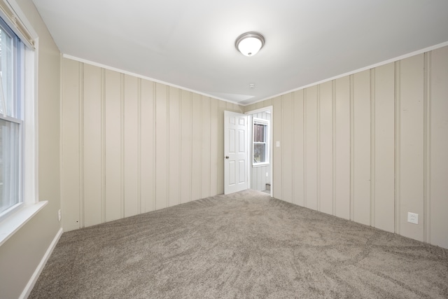 unfurnished room featuring ornamental molding and carpet flooring