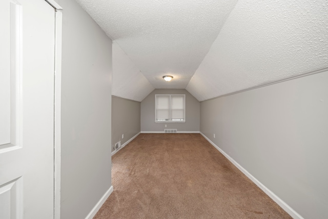 additional living space featuring light colored carpet, lofted ceiling, and a textured ceiling