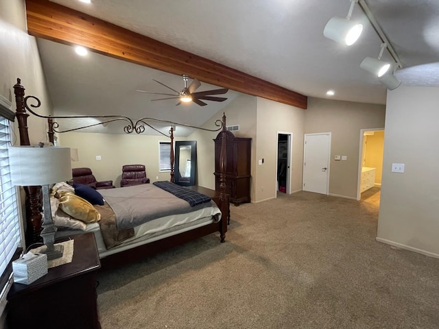 bedroom with carpet flooring, lofted ceiling with beams, track lighting, and ceiling fan