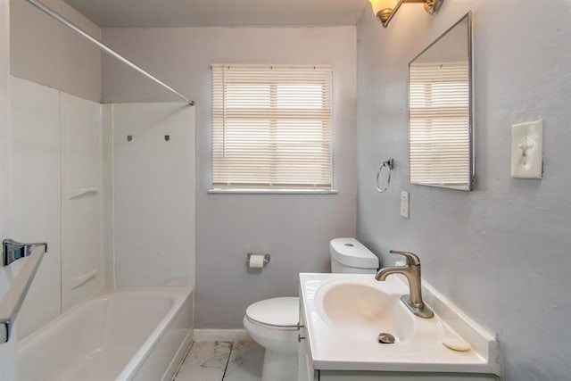 full bathroom with shower / tub combination, vanity, and toilet