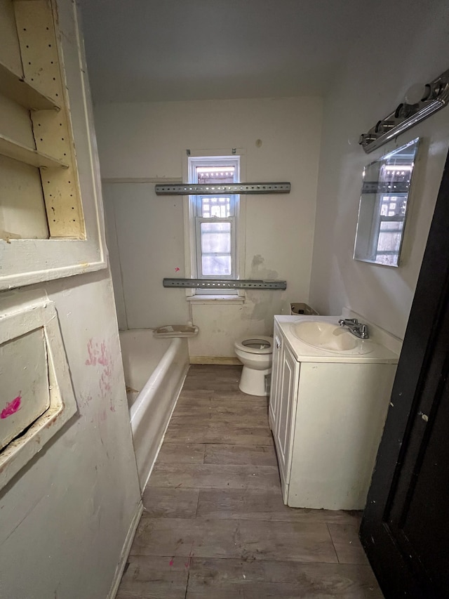 bathroom with vanity, wood-type flooring, and toilet