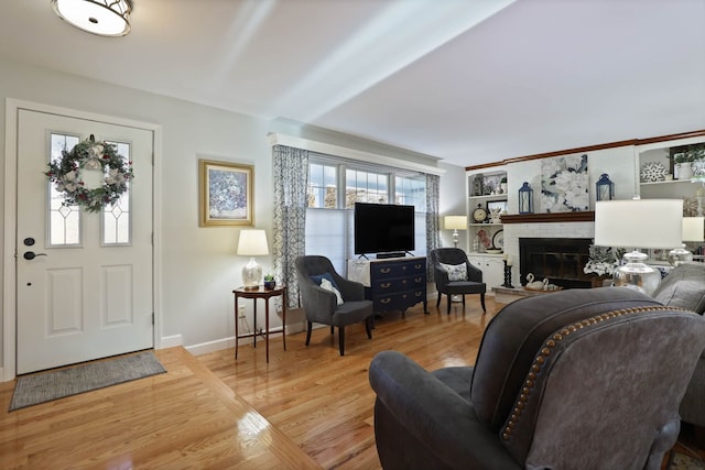 living room with a fireplace and light hardwood / wood-style floors