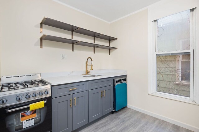 kitchen with gas stove, dishwasher, sink, light hardwood / wood-style flooring, and ornamental molding