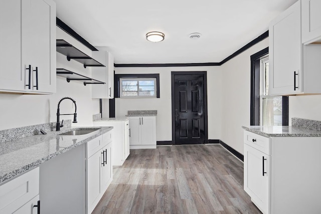 kitchen with sink, crown molding, light hardwood / wood-style flooring, white cabinetry, and light stone counters