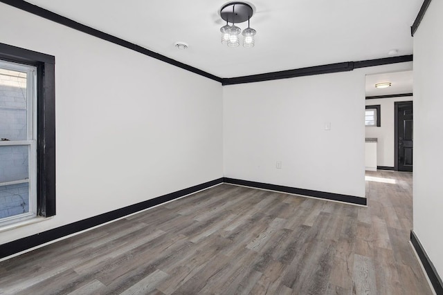 spare room with wood-type flooring and ornamental molding