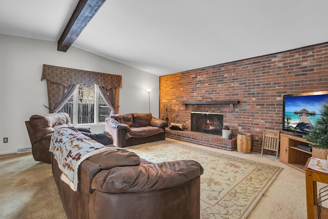 carpeted living room featuring vaulted ceiling with beams and a fireplace