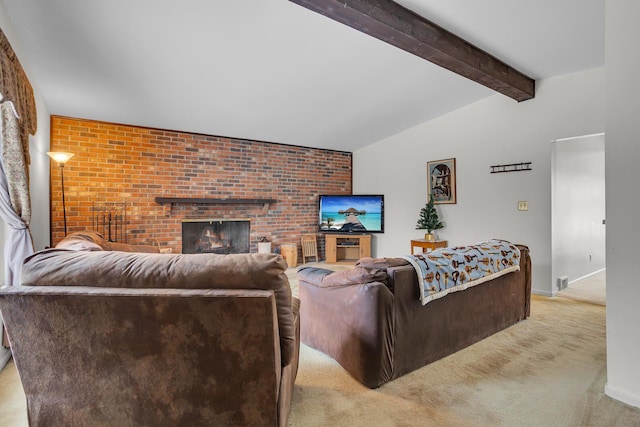 living room featuring vaulted ceiling with beams, a fireplace, light colored carpet, and brick wall