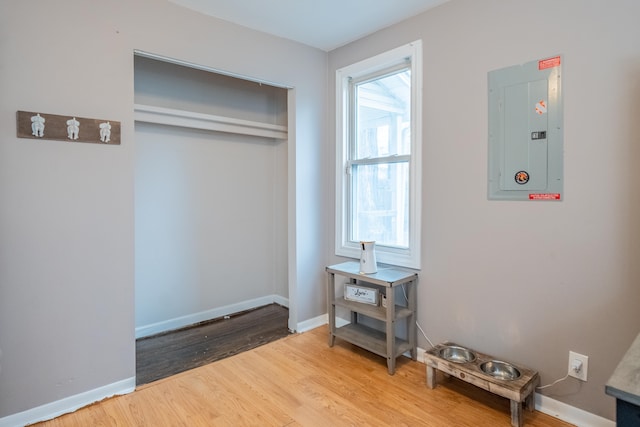 bedroom featuring electric panel, a closet, hardwood / wood-style floors, and multiple windows