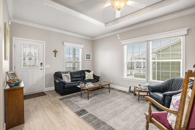 living room with a tray ceiling, crown molding, a wealth of natural light, and light hardwood / wood-style floors