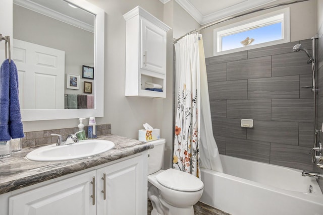 full bathroom with shower / bath combination with curtain, vanity, toilet, and ornamental molding