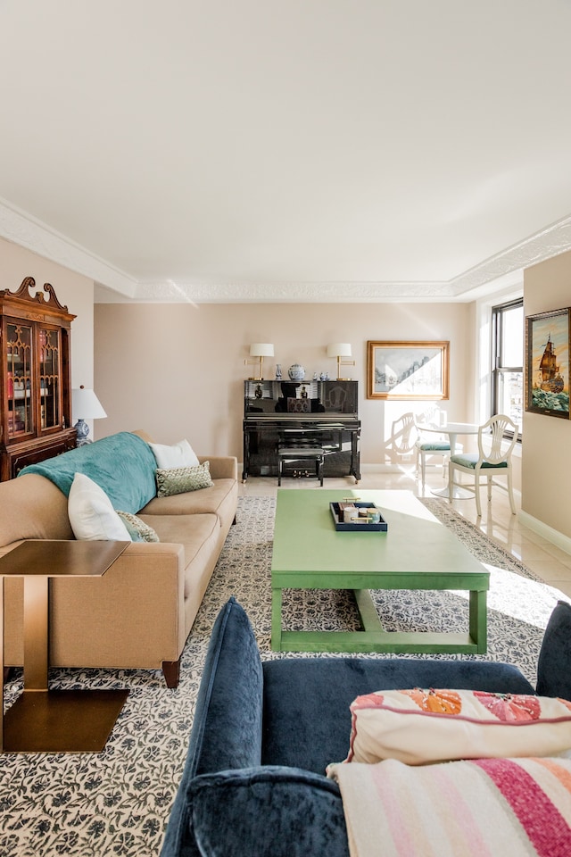 tiled living room with ornamental molding