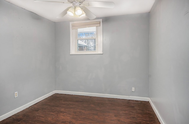 empty room featuring ceiling fan and dark wood-type flooring