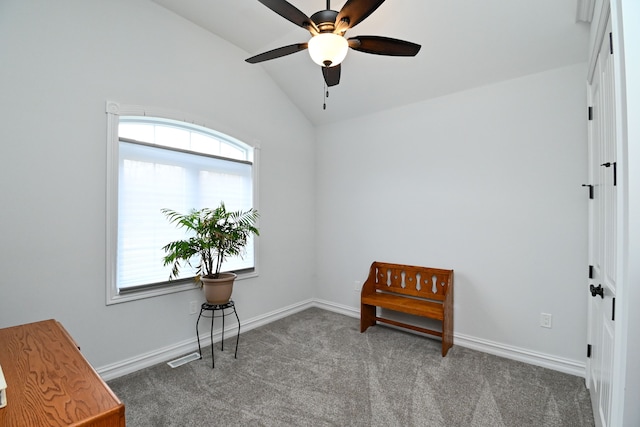 sitting room with carpet, ceiling fan, and lofted ceiling