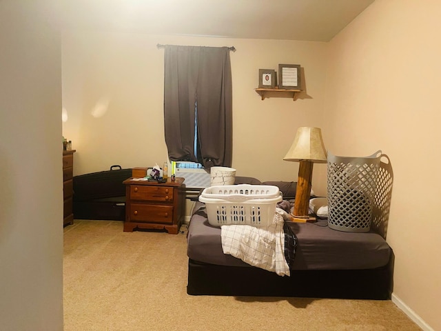 bedroom featuring light carpet