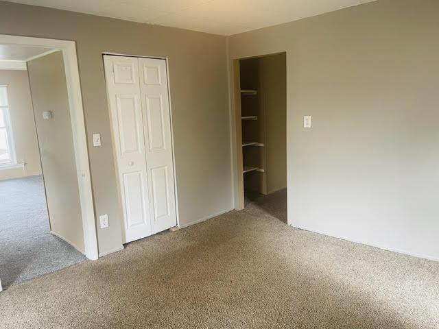 unfurnished bedroom with light carpet and a closet