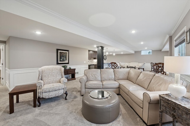 carpeted living room with crown molding