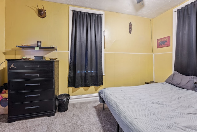 bedroom featuring a textured ceiling and carpet floors