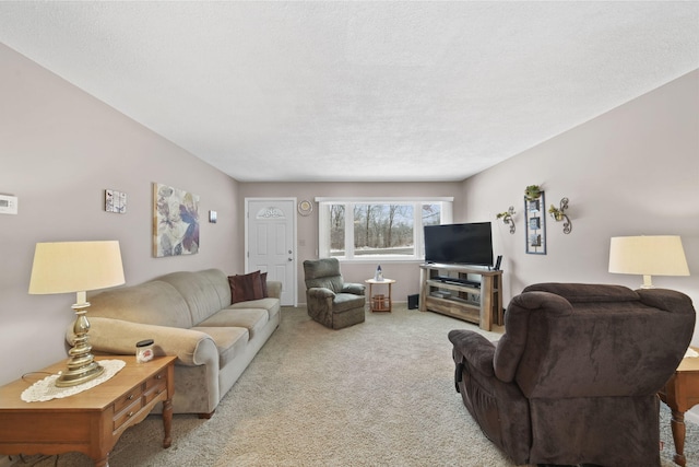 carpeted living room featuring a textured ceiling